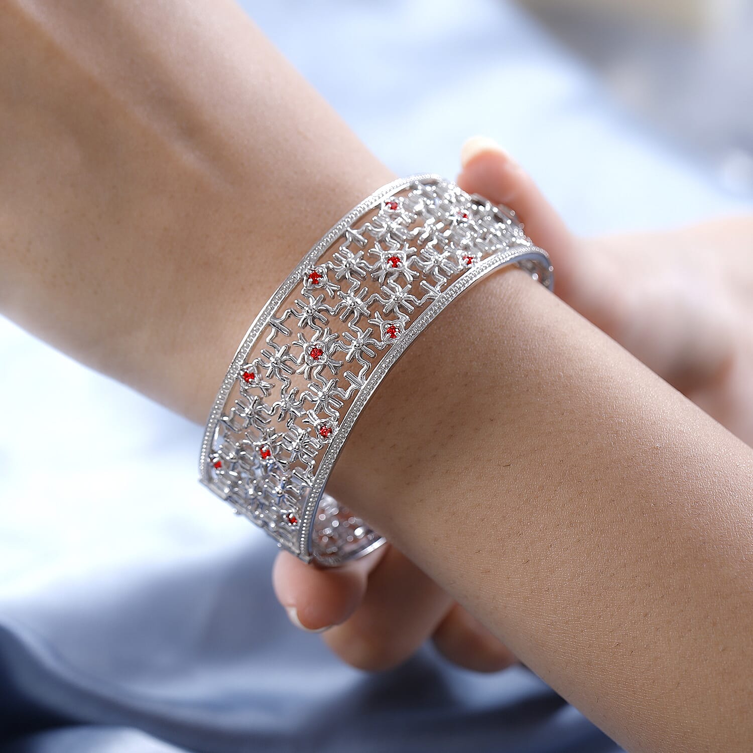 Pink Sapphire Colour Austrian Crystal Bangle (Size 7.5), Silver Wt. 38.03 Gms