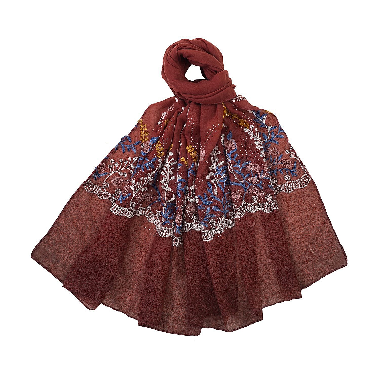 Flower Embroidered Scarf (Size 180x68 Cm) - Light Brown & Multi