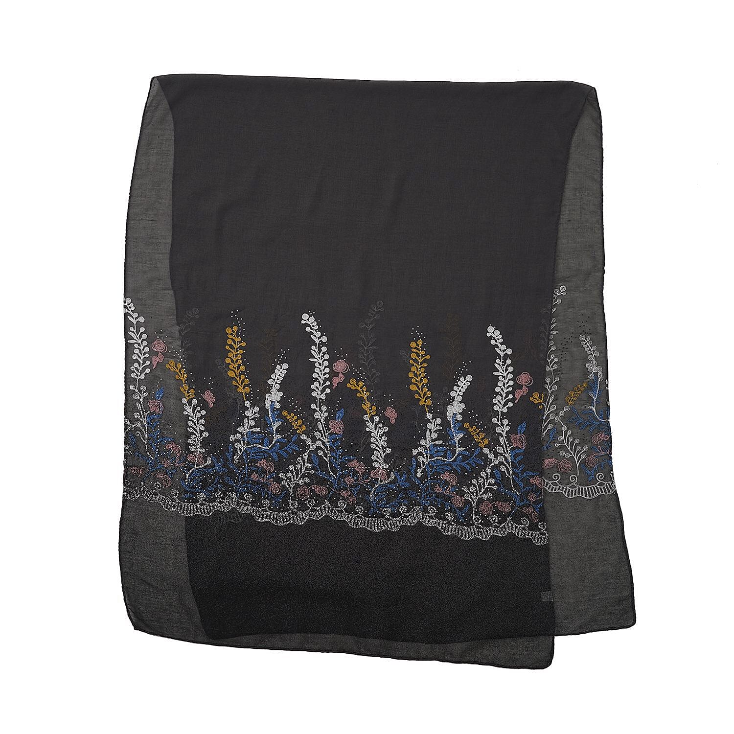 Flower Embroidered Scarf (Size 180x68 Cm) - Grey - Multi