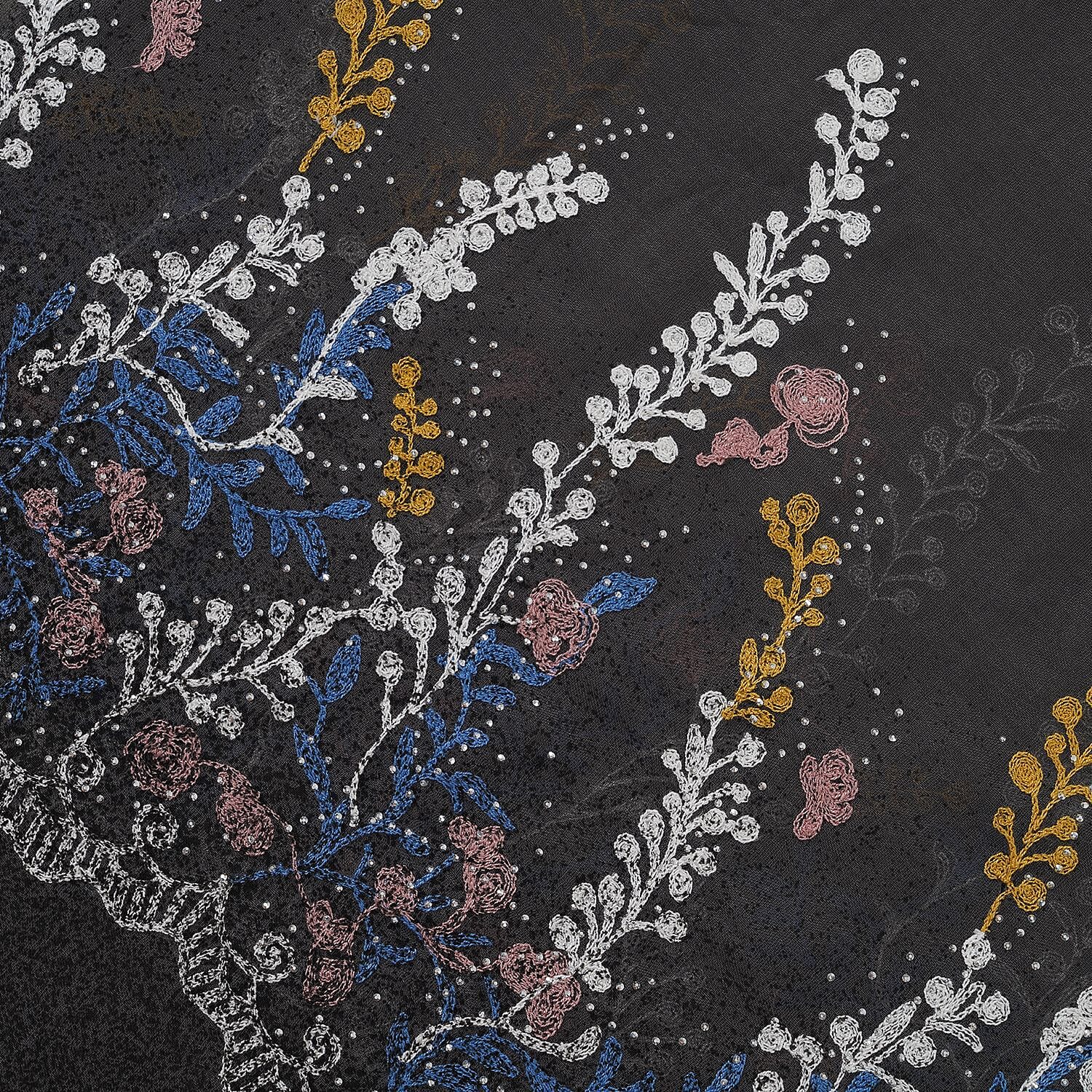 Flower Embroidered Scarf (Size 180x68 Cm) - Grey - Multi