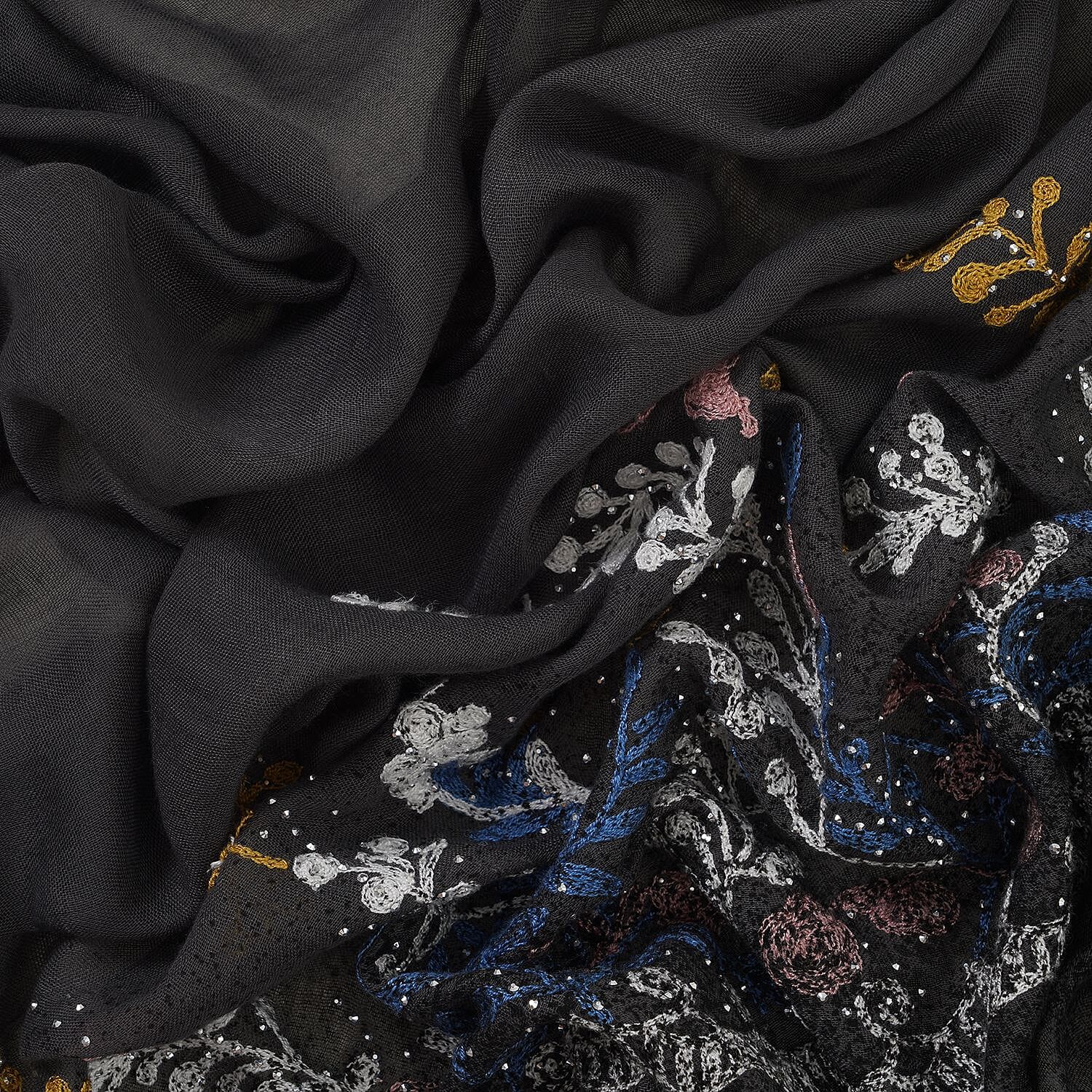 Flower Embroidered Scarf (Size 180x68 Cm) - Grey - Multi