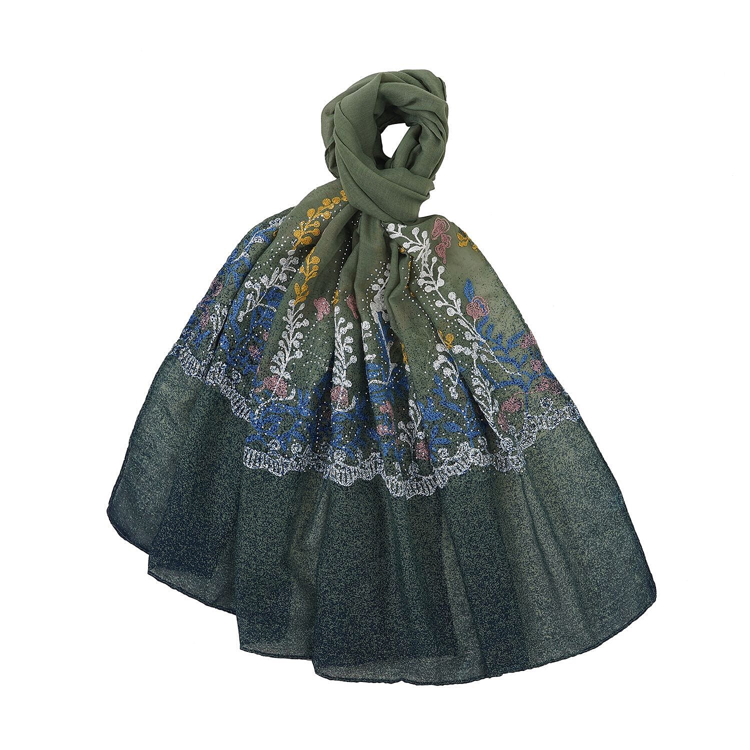 Flower Embroidered Scarf (Size 180x68 Cm) - Green & Multi