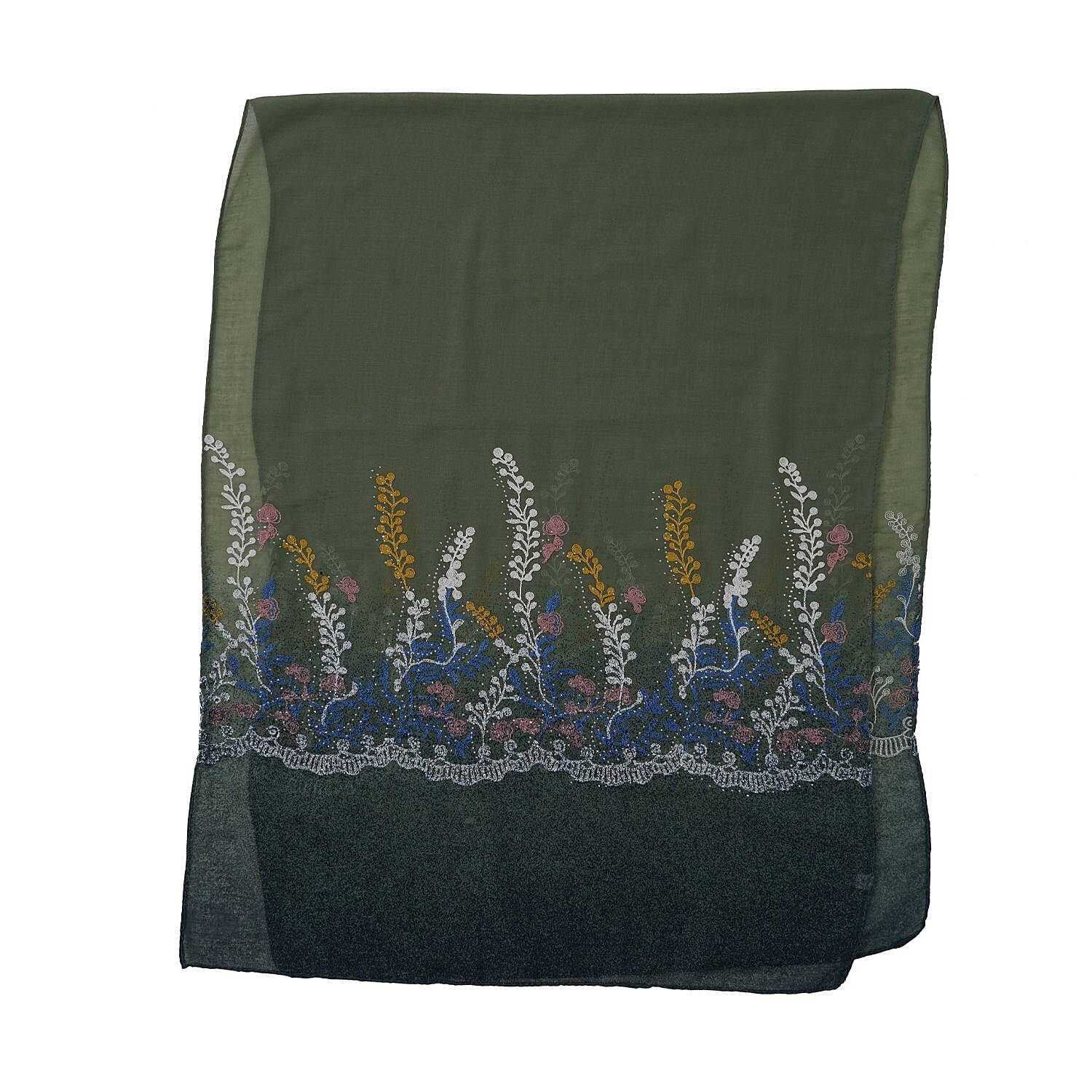 Flower Embroidered Scarf (Size 180x68 Cm) - Green & Multi