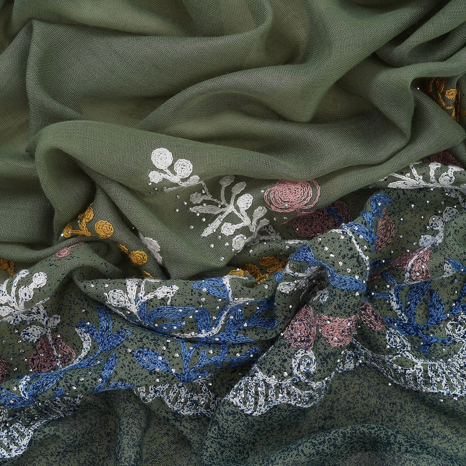 Flower Embroidered Scarf (Size 180x68 Cm) - Green & Multi