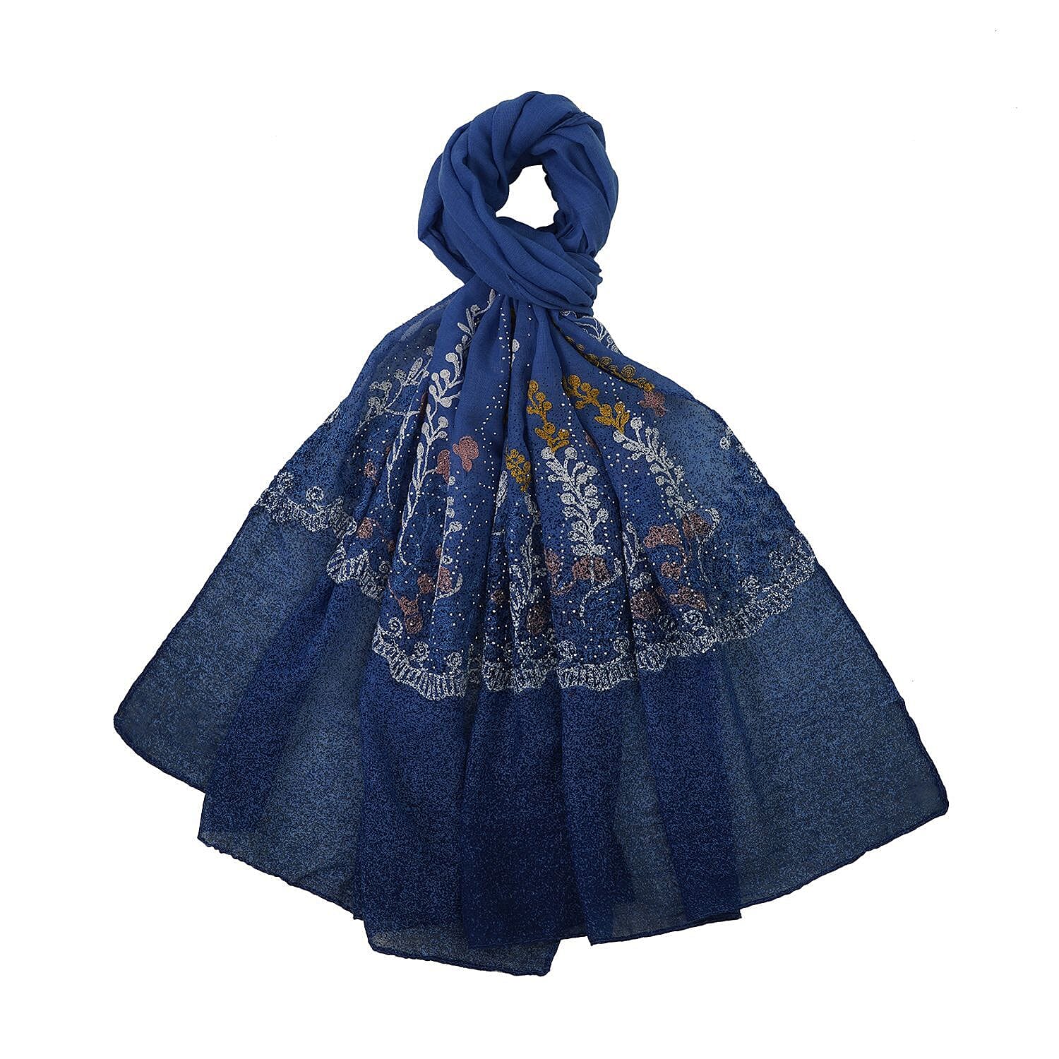 Flower Embroidered Scarf (Size 180x68 Cm) - Blue & Multi