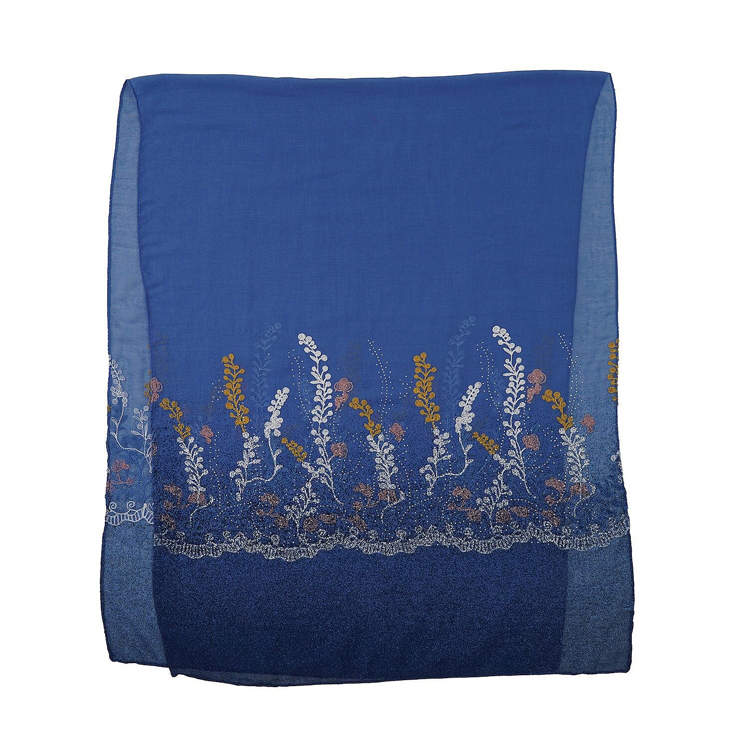Flower Embroidered Scarf (Size 180x68 Cm) - Blue & Multi