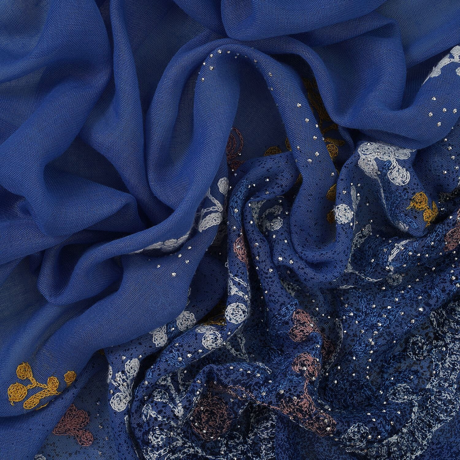 Flower Embroidered Scarf (Size 180x68 Cm) - Blue & Multi