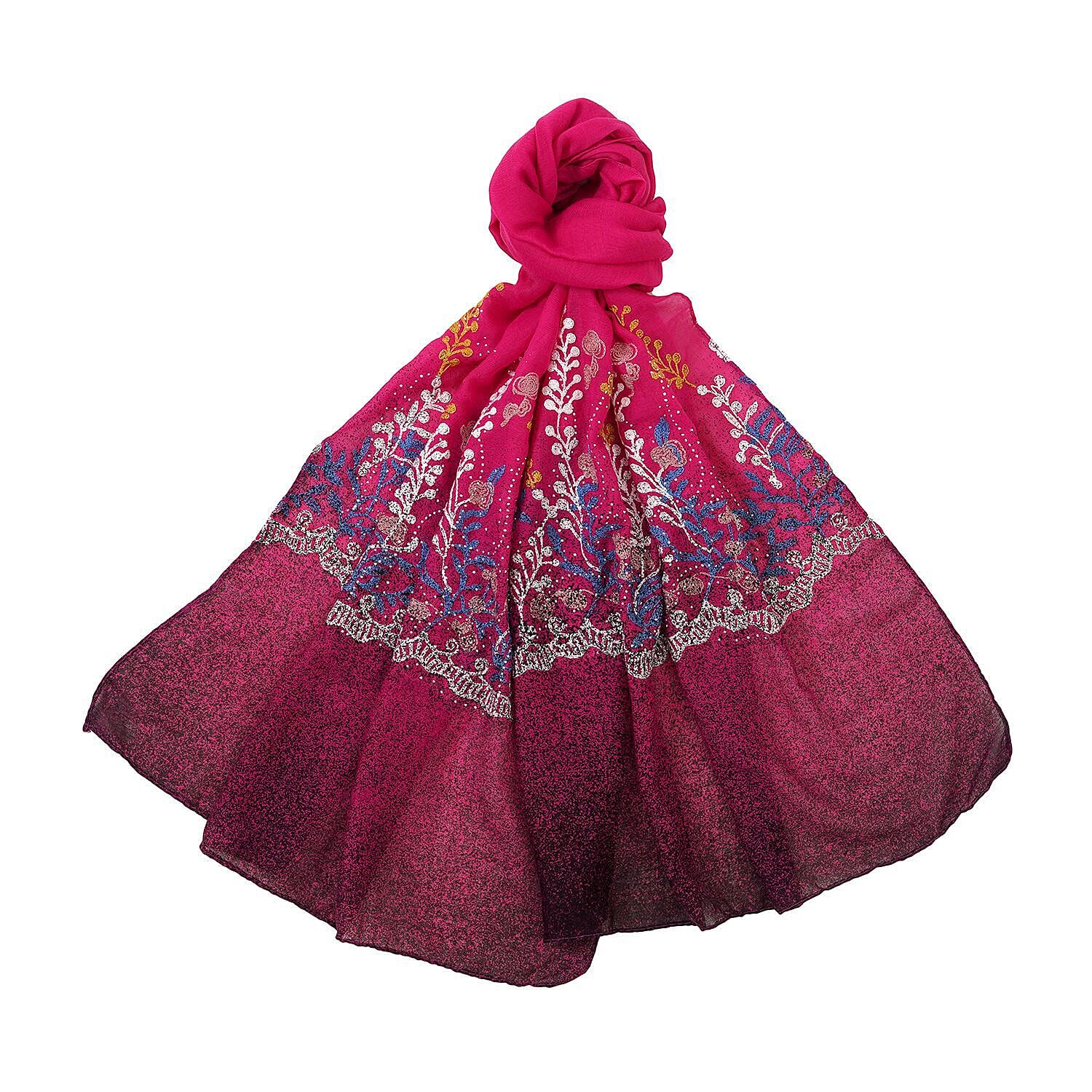 Flower Embroidered Scarf (Size 180x68 Cm) - Fuchsia & Multi