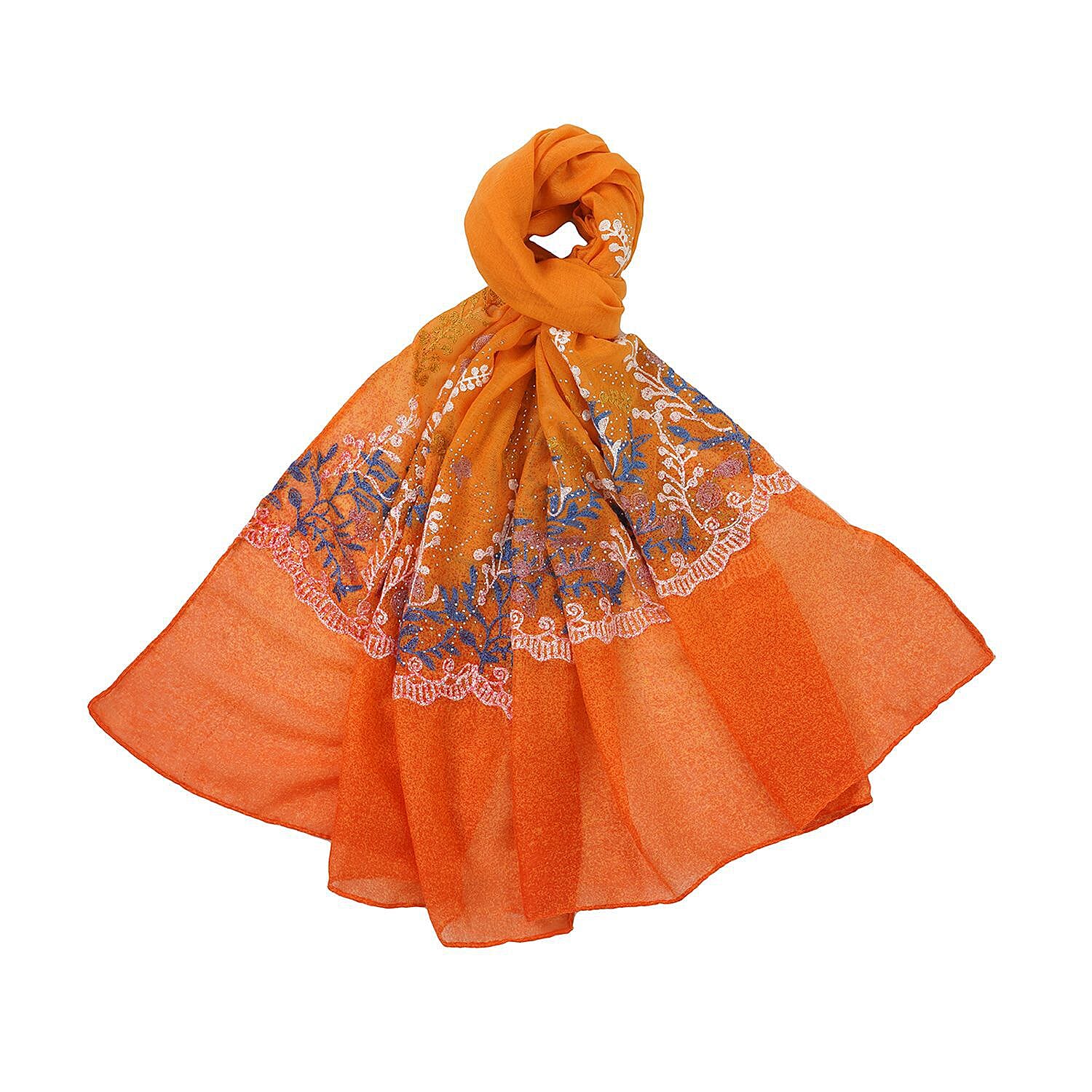 Flower Embroidered Scarf (Size 180x68 Cm) - Orange