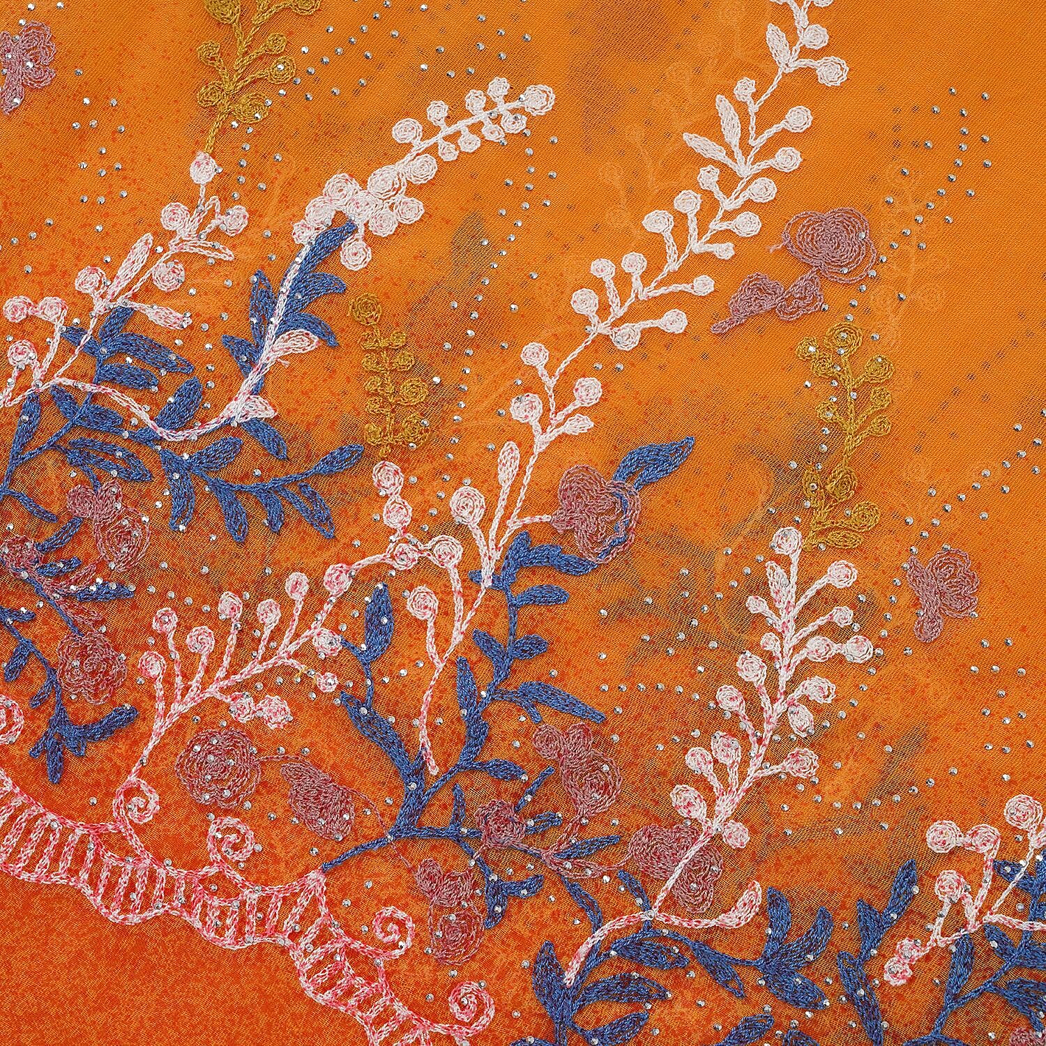 Flower Embroidered Scarf (Size 180x68 Cm) - Orange