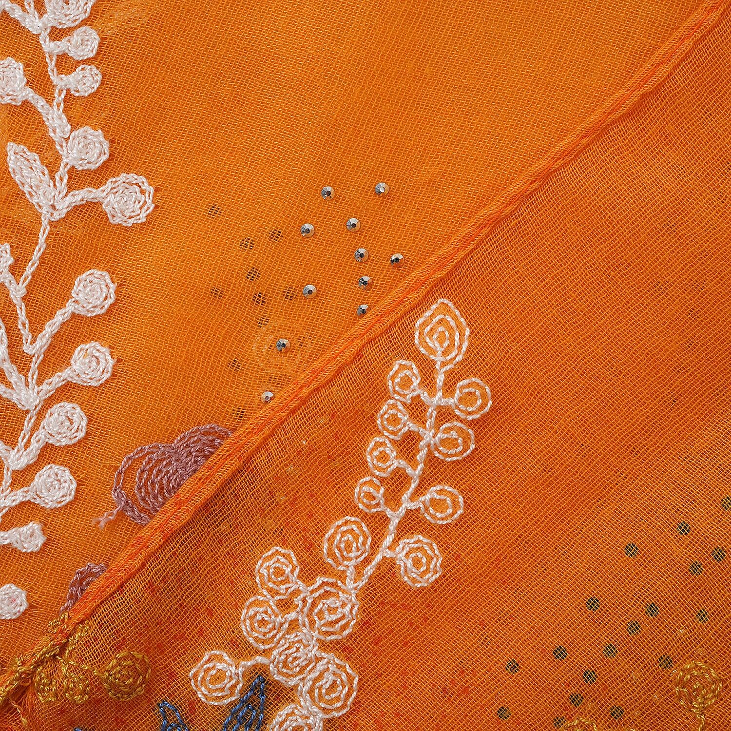 Flower Embroidered Scarf (Size 180x68 Cm) - Orange