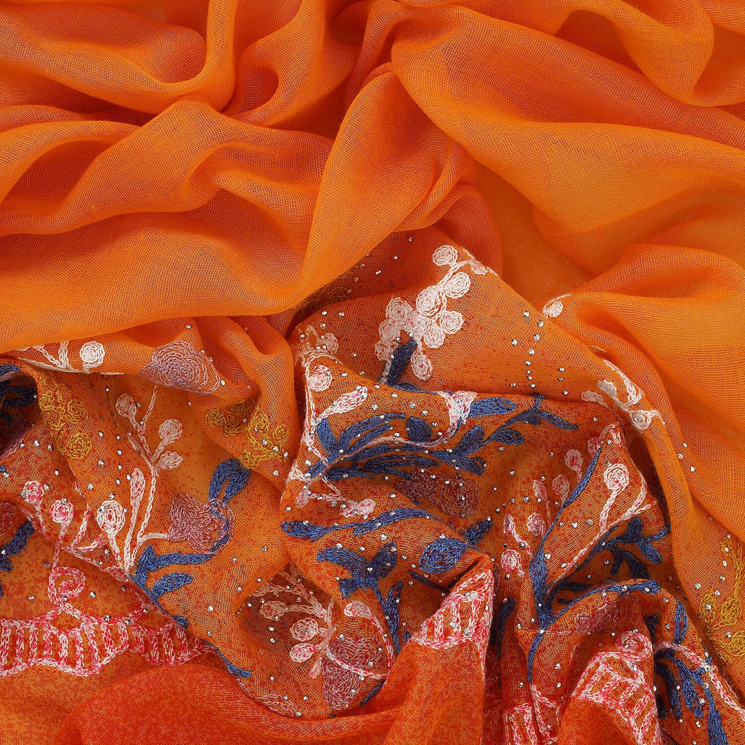 Flower Embroidered Scarf (Size 180x68 Cm) - Orange