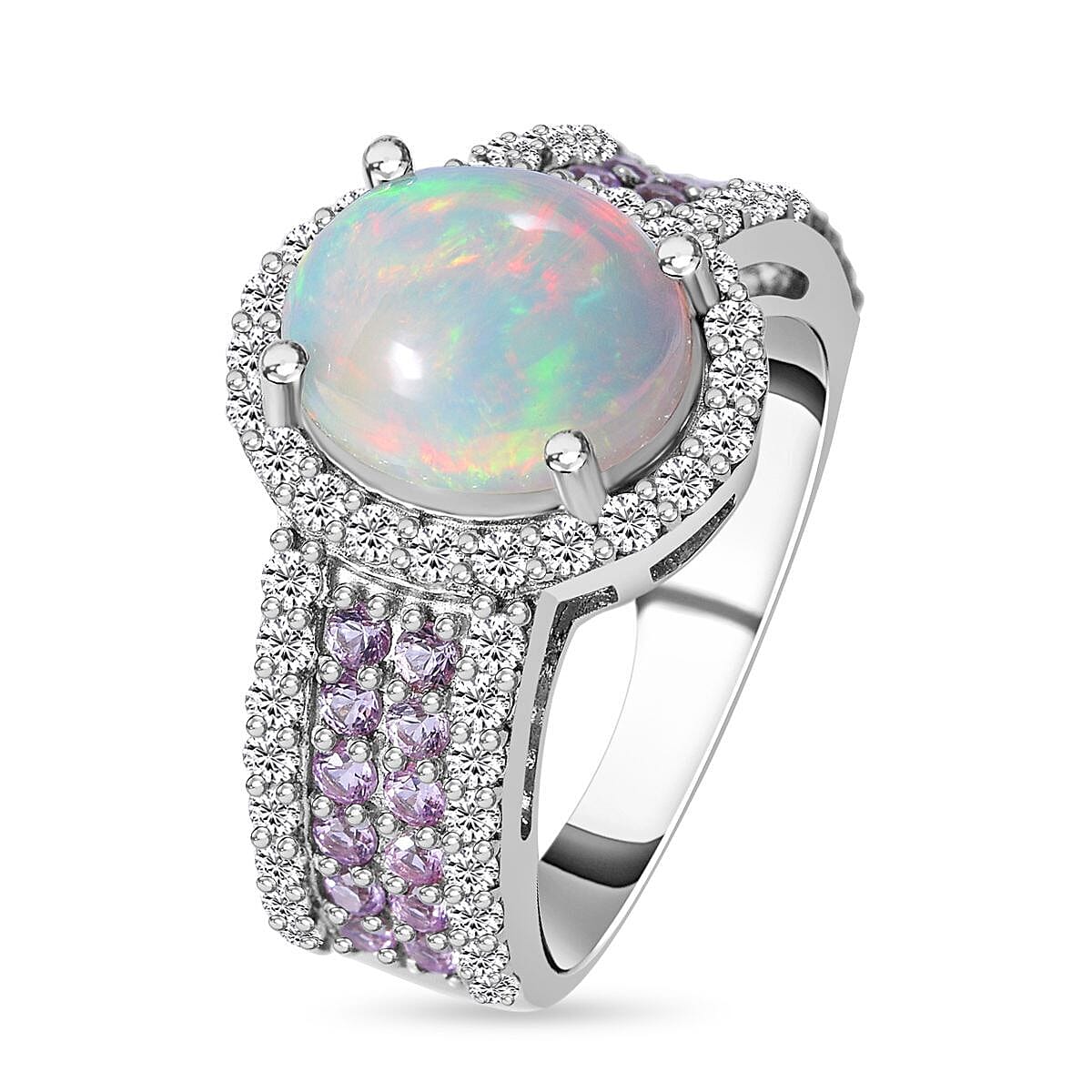 Ethiopian Welo Opal, Pink Sapphire and Natural Zircon Ring in Rhodium Overlay Sterling Silver 3.82 Ct, Silver Wt 5.00 Gms