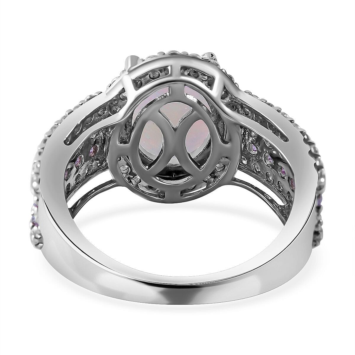 Ethiopian Welo Opal, Pink Sapphire and Natural Zircon Ring in Rhodium Overlay Sterling Silver 3.82 Ct, Silver Wt 5.00 Gms