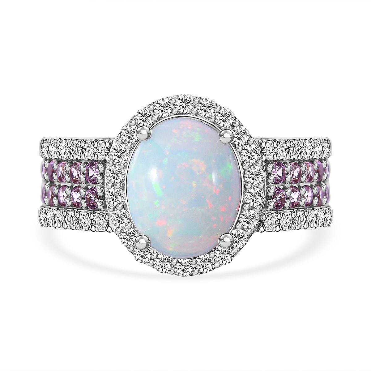 Ethiopian Welo Opal, Pink Sapphire and Natural Zircon Ring in Rhodium Overlay Sterling Silver 3.82 Ct, Silver Wt 5.00 Gms