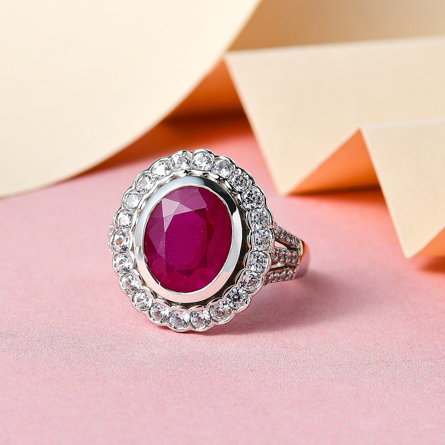 African Ruby and Natural Zircon Ring in Platinum Overlay Sterling Silver 7.07 Ct.