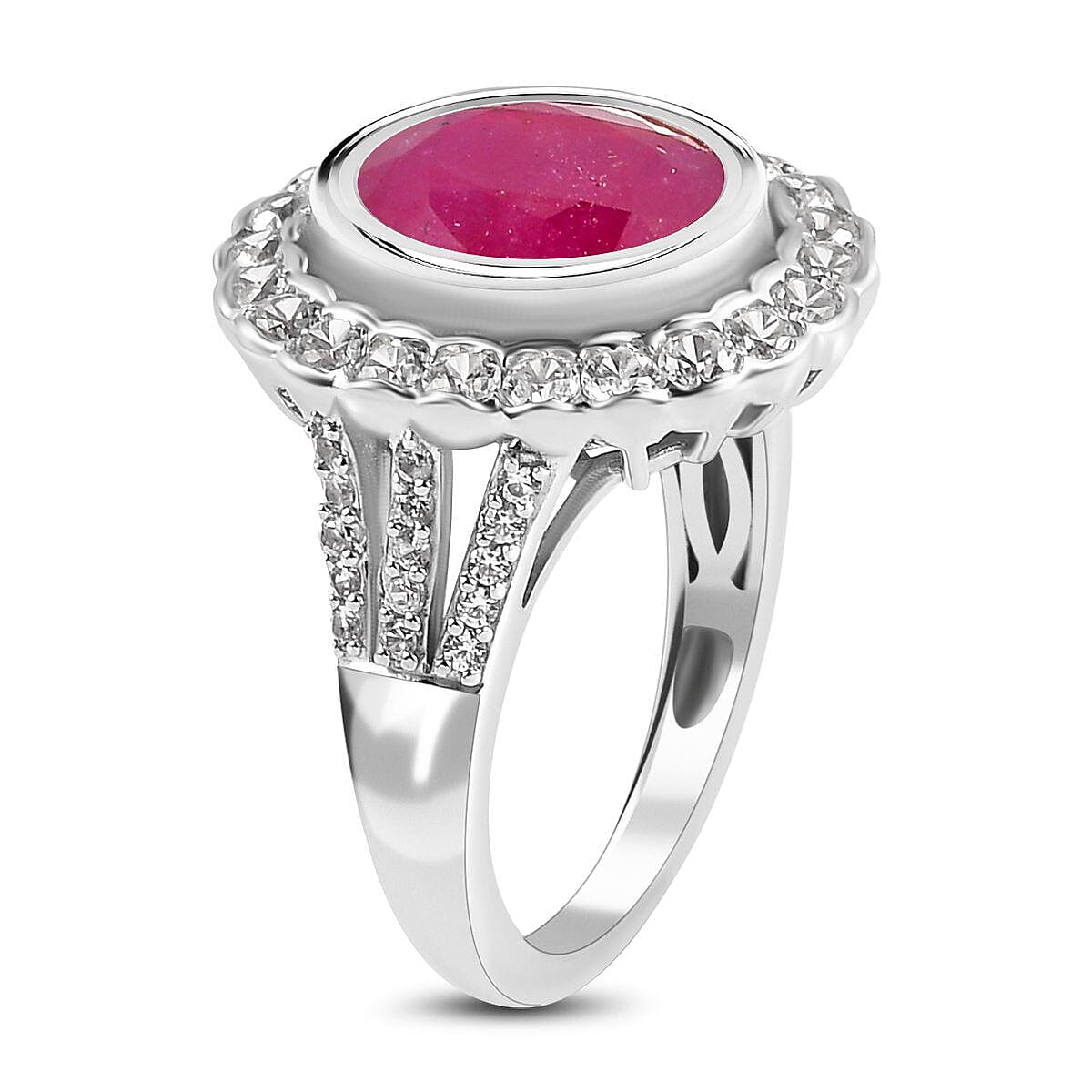 African Ruby and Natural Zircon Ring in Platinum Overlay Sterling Silver 7.07 Ct.