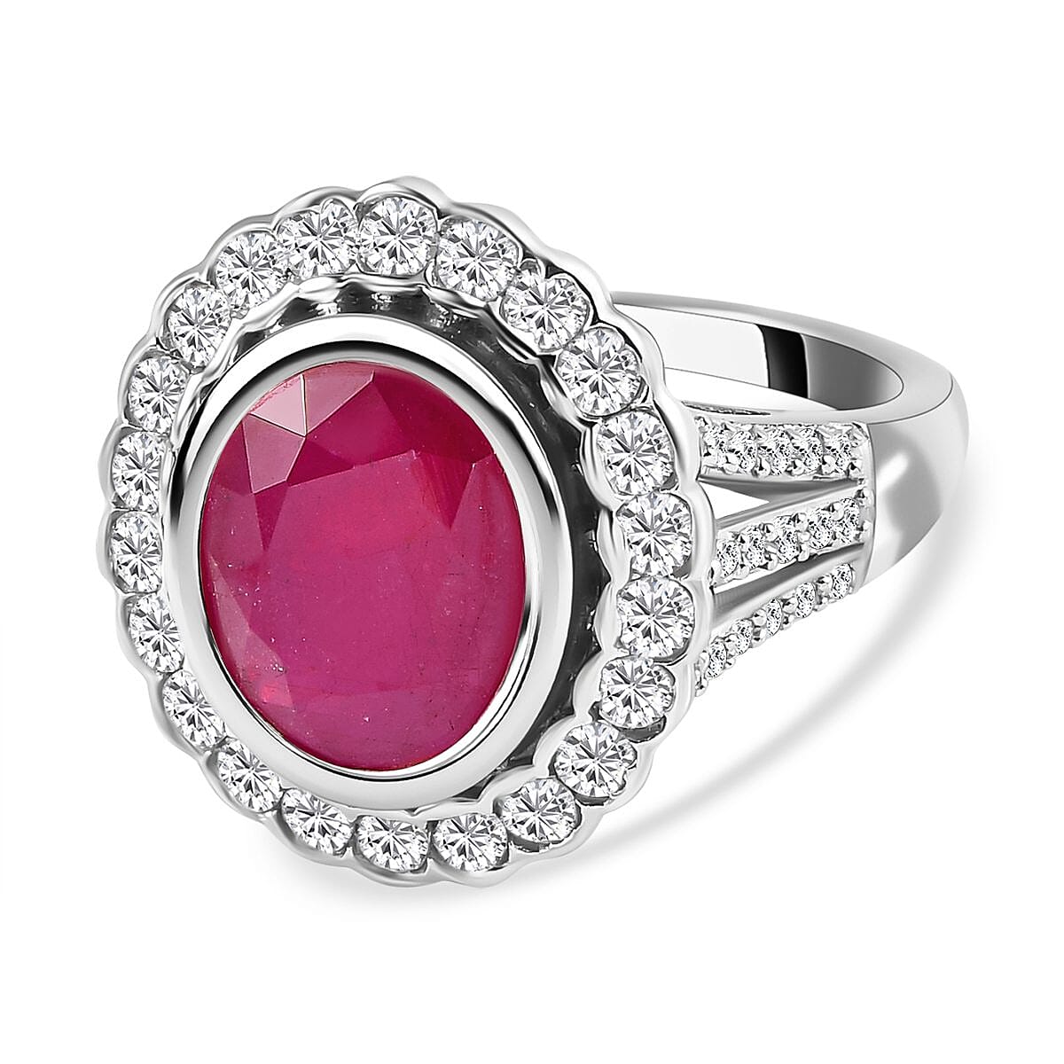 African Ruby and Natural Zircon Ring in Platinum Overlay Sterling Silver 7.07 Ct.