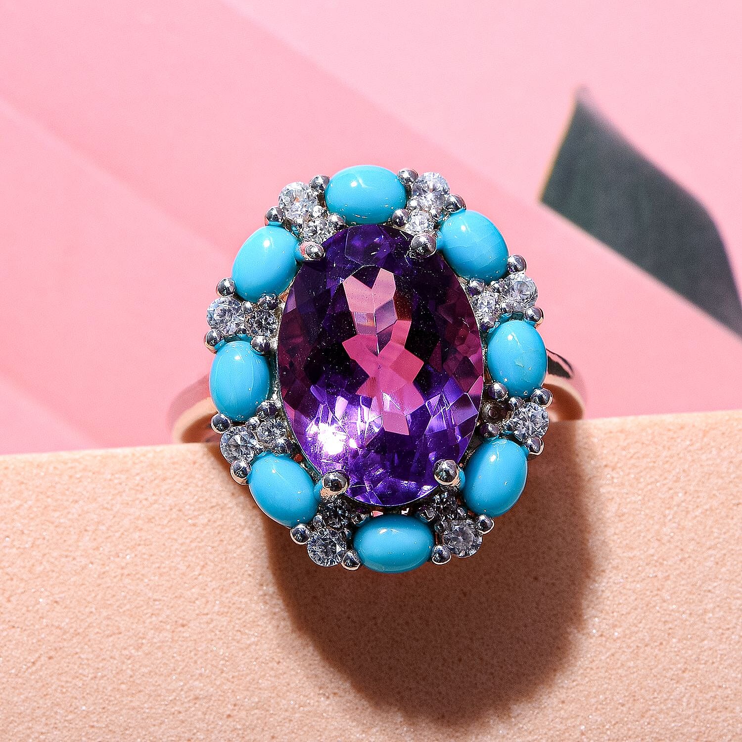 Amethyst, Natural Zircon and Arizona Sleeping Beauty Turquoise Ring in Rhodium Overlay Sterling Silver 7.66 Ct