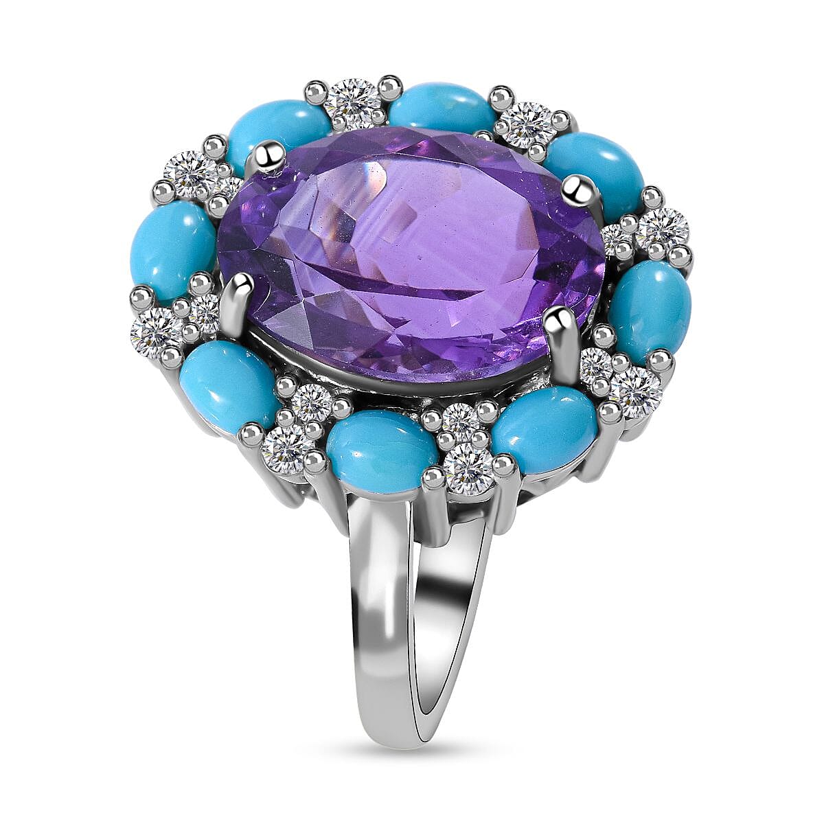 Amethyst, Natural Zircon and Arizona Sleeping Beauty Turquoise Ring in Rhodium Overlay Sterling Silver 7.66 Ct
