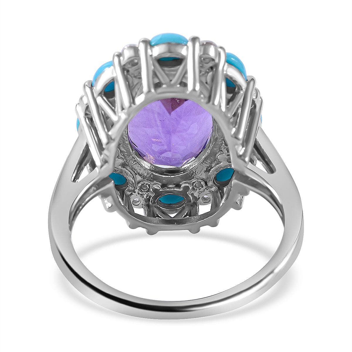 Amethyst, Natural Zircon and Arizona Sleeping Beauty Turquoise Ring in Rhodium Overlay Sterling Silver 7.66 Ct