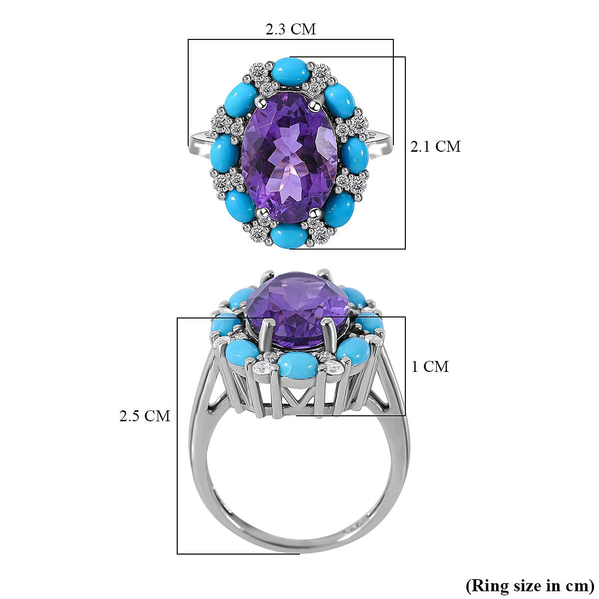 Amethyst, Natural Zircon and Arizona Sleeping Beauty Turquoise Ring in Rhodium Overlay Sterling Silver 7.66 Ct