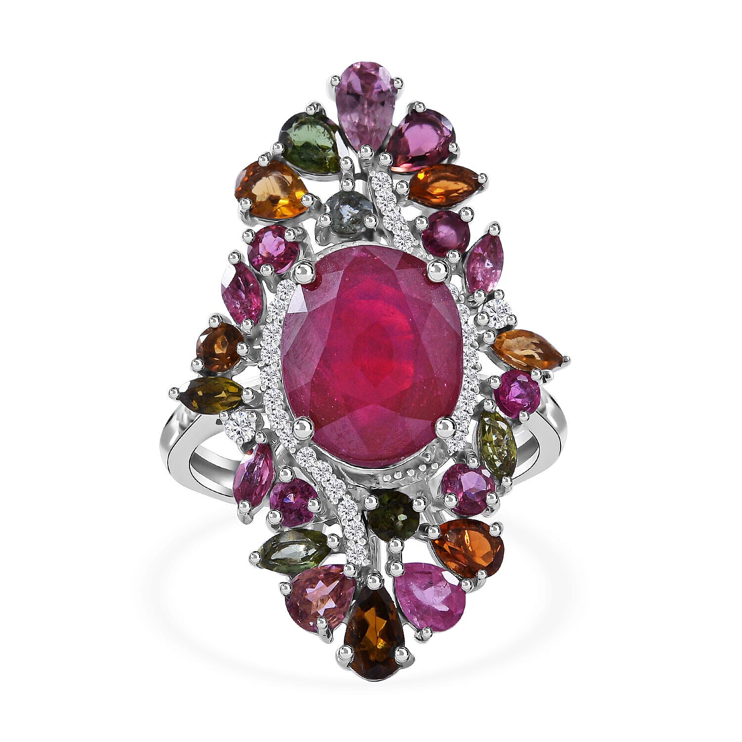 Niassa Ruby, Multi-Tourmaline & Natural Zircon Cluster Ring in Rhodium Overlay Sterling Silver 9.60 Ct. Niassa Ruby, Multi-Tourmaline & Natural Zircon Cluster Ring in Rhodium Overlay Sterling Silver 9.60 Ct.