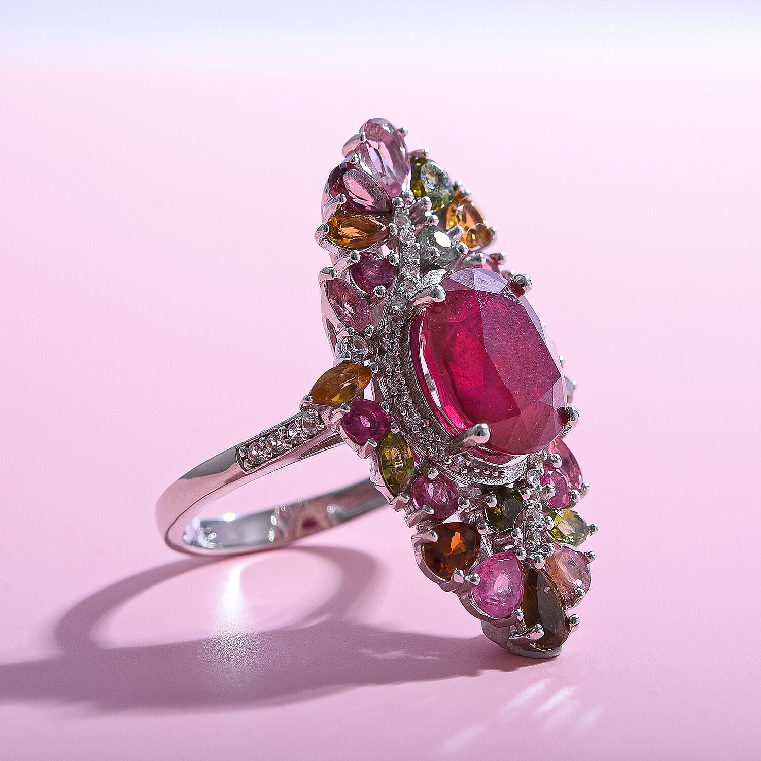 Niassa Ruby, Multi-Tourmaline & Natural Zircon Cluster Ring in Rhodium Overlay Sterling Silver 9.60 Ct. Niassa Ruby, Multi-Tourmaline & Natural Zircon Cluster Ring in Rhodium Overlay Sterling Silver 9.60 Ct.