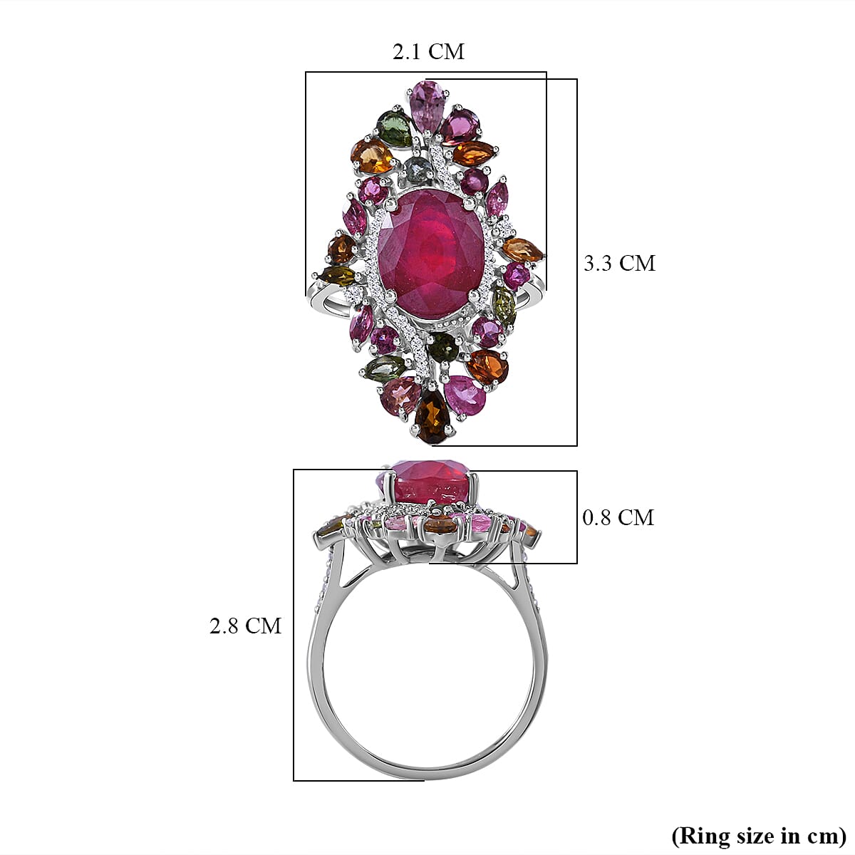 Niassa Ruby, Multi-Tourmaline & Natural Zircon Cluster Ring in Rhodium Overlay Sterling Silver 9.60 Ct. Niassa Ruby, Multi-Tourmaline & Natural Zircon Cluster Ring in Rhodium Overlay Sterling Silver 9.60 Ct.