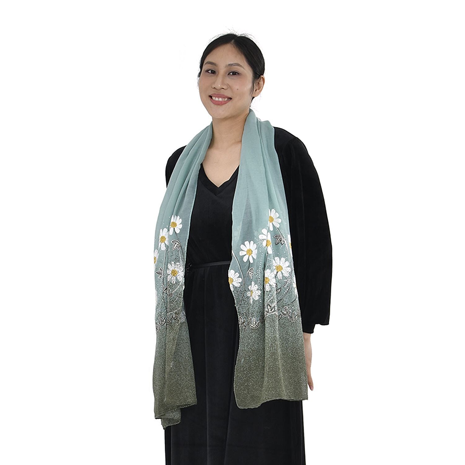 Embroidery Scarf with Flower Patten (Size 180x68 cm) - Teal
