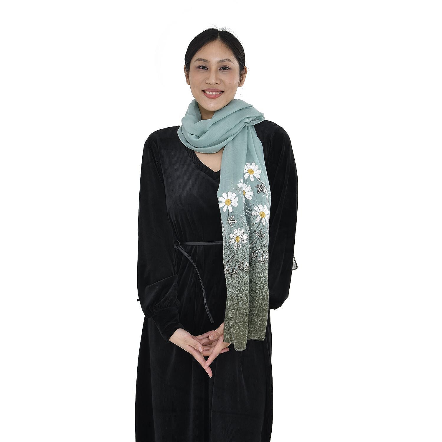 Embroidery Scarf with Flower Patten (Size 180x68 cm) - Teal