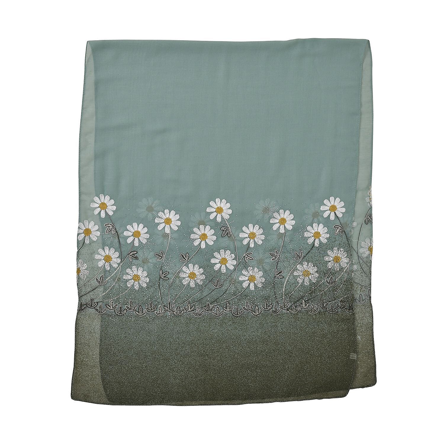 Embroidery Scarf with Flower Patten (Size 180x68 cm) - Teal