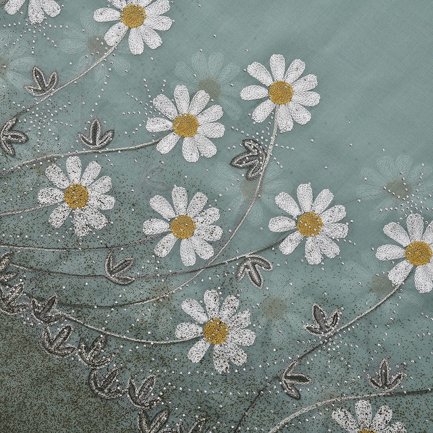 Embroidery Scarf with Flower Patten (Size 180x68 cm) - Teal