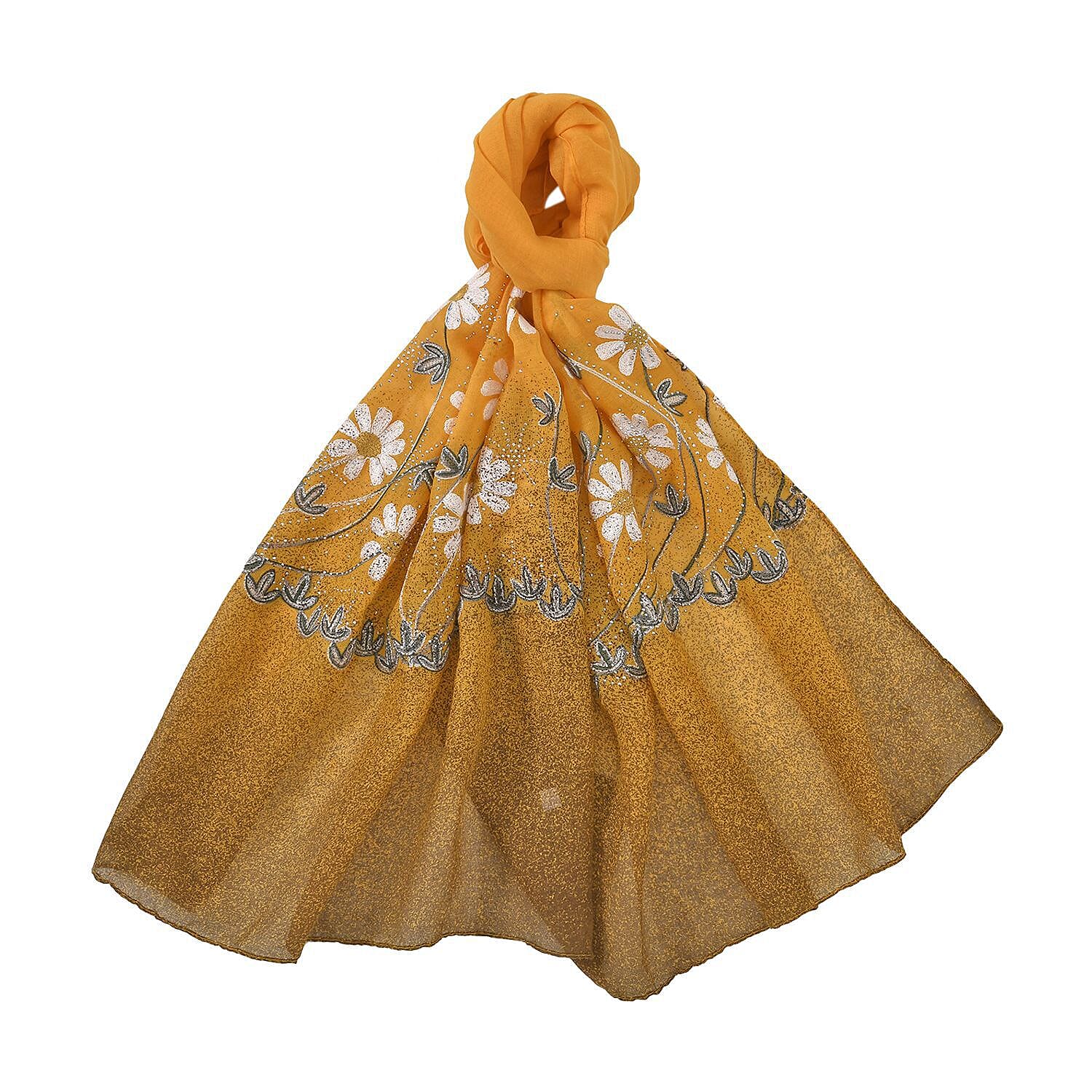 Floral Pattern Embroidered Daisy Scarf (Size 180x68 cm) - Yellow - Teal