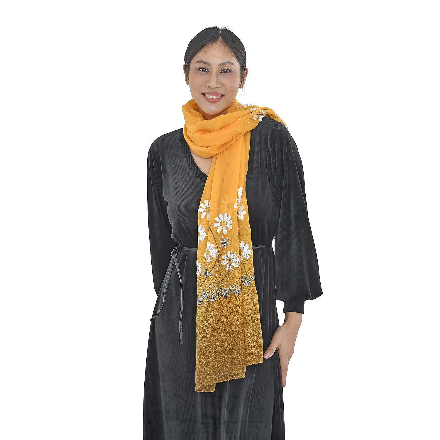 Floral Pattern Embroidered Daisy Scarf (Size 180x68 cm) - Yellow - Teal