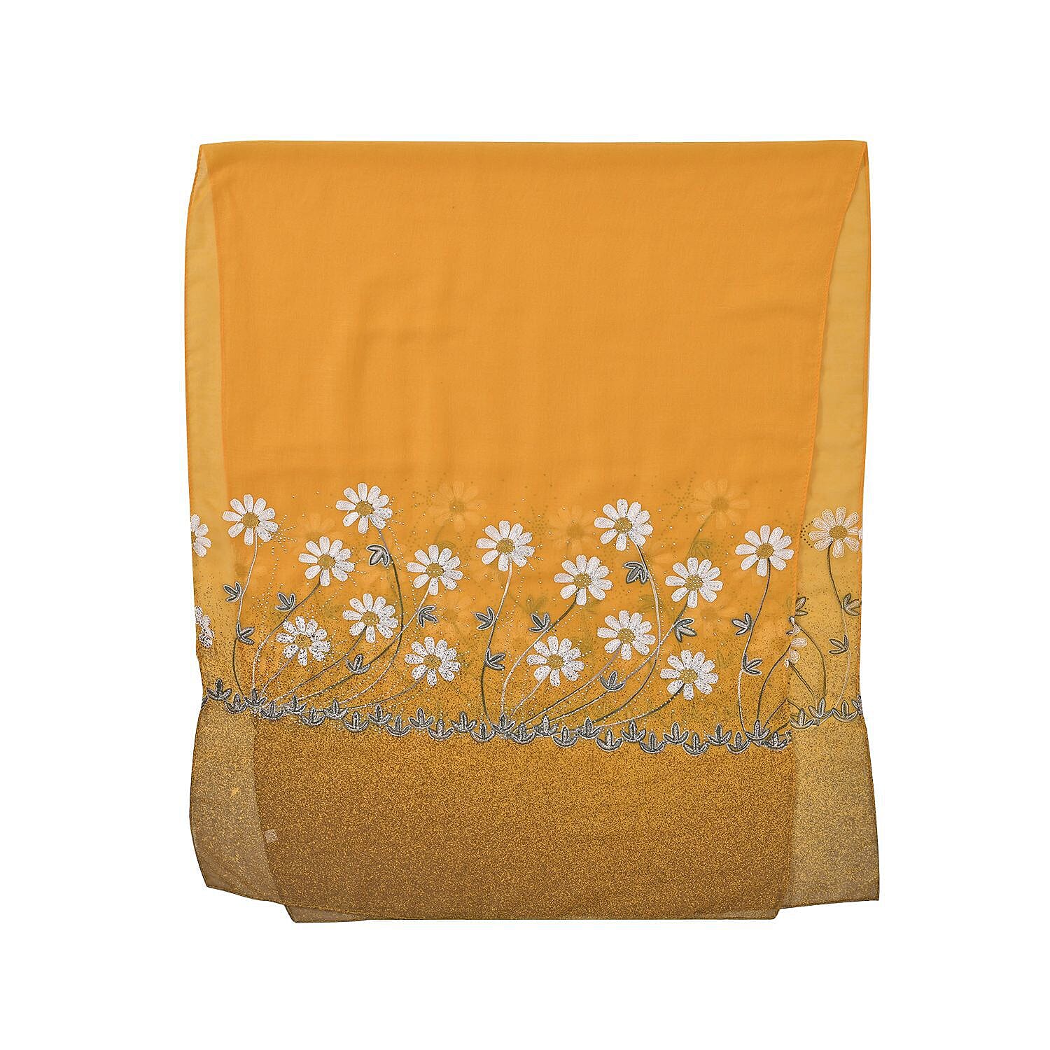 Floral Pattern Embroidered Daisy Scarf (Size 180x68 cm) - Yellow - Teal