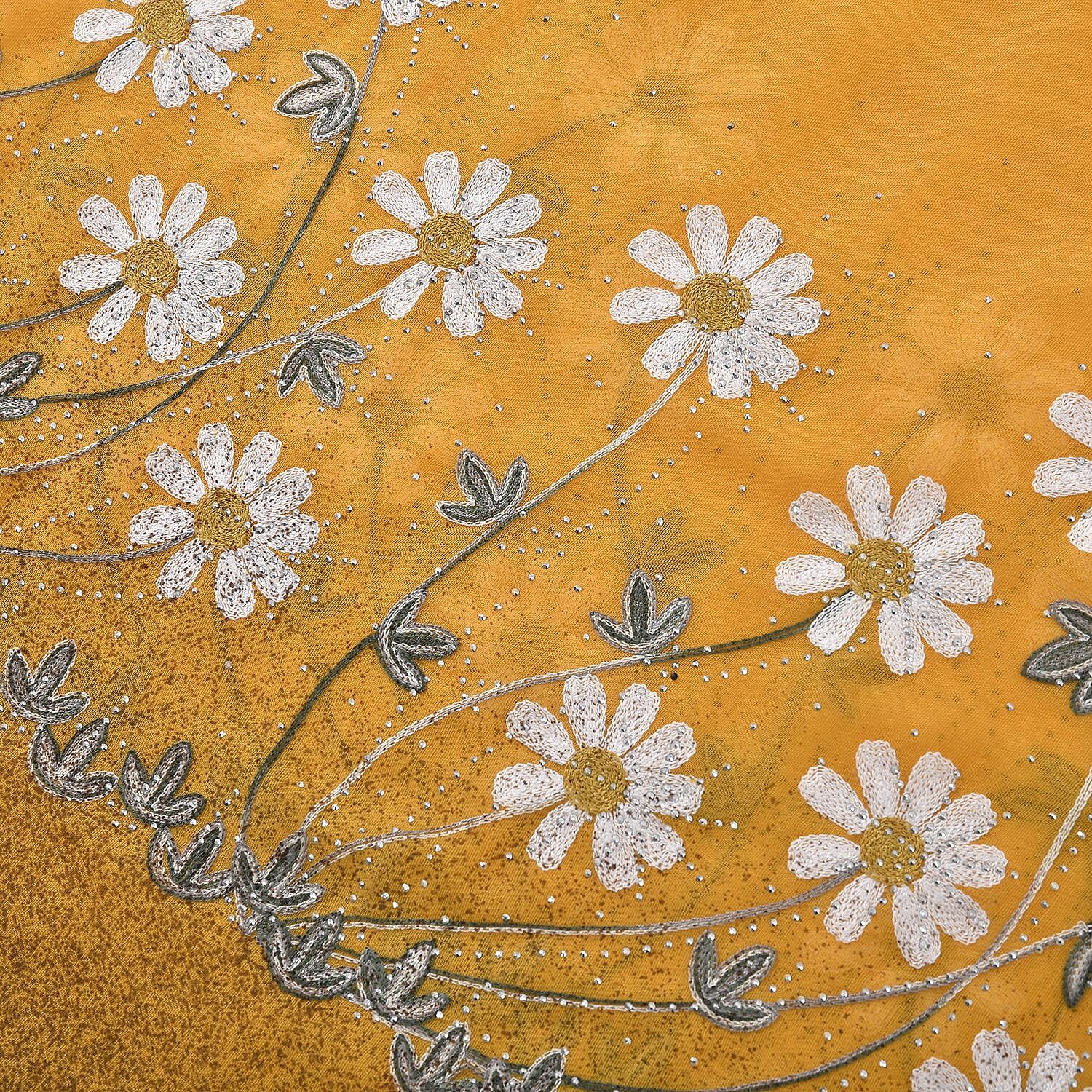 Floral Pattern Embroidered Daisy Scarf (Size 180x68 cm) - Yellow - Teal
