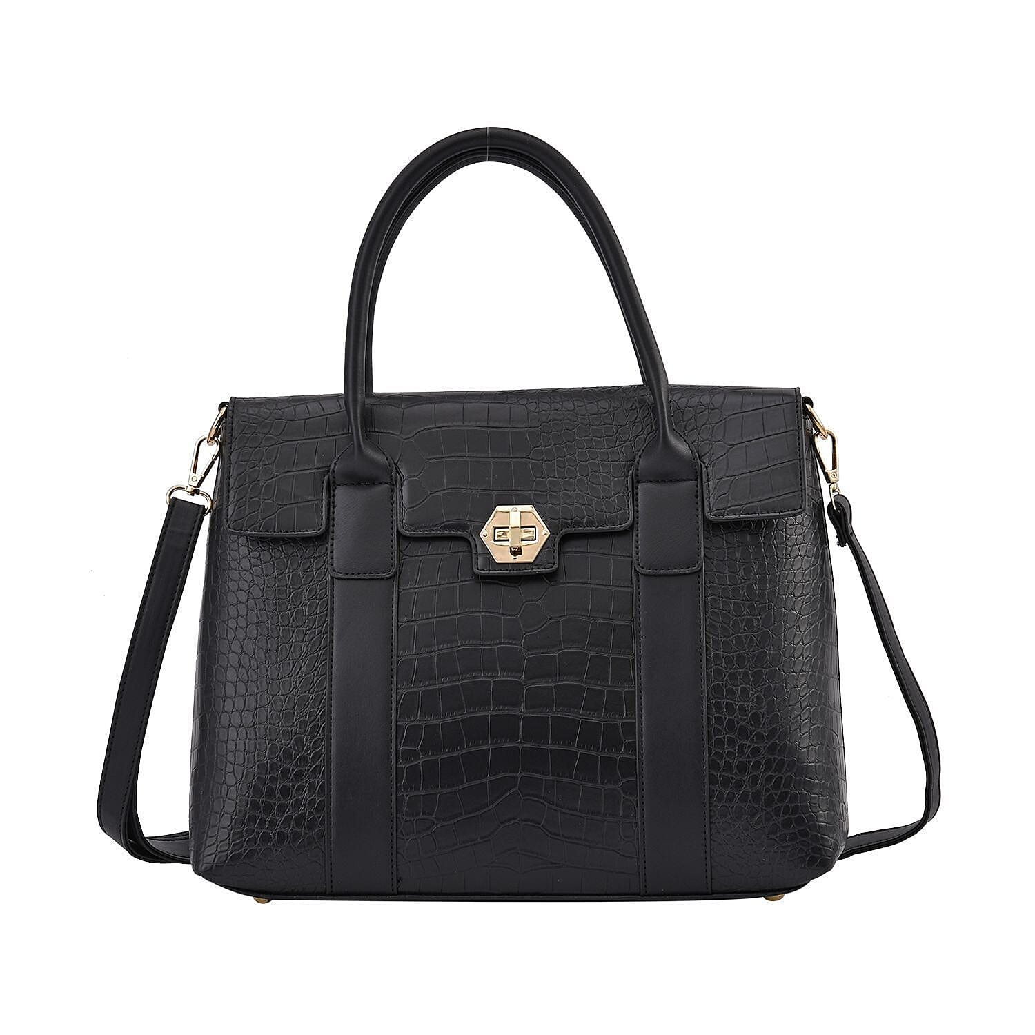 MEGA DAY CLOSEOUT- High Luxe Croc Embossed Fully Lined Bag with Twist Lock and Detachable Long Strap- Black
