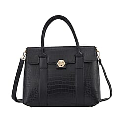 Croc Embossed Satchel Tote Bag with Shoulder Strap - Black