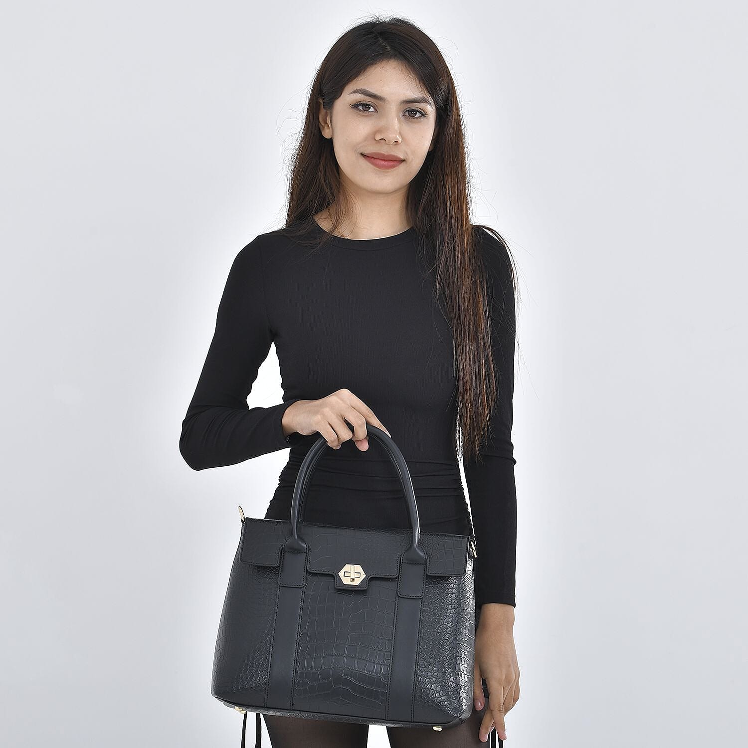 MEGA DAY CLOSEOUT- High Luxe Croc Embossed Fully Lined Bag with Twist Lock and Detachable Long Strap- Black