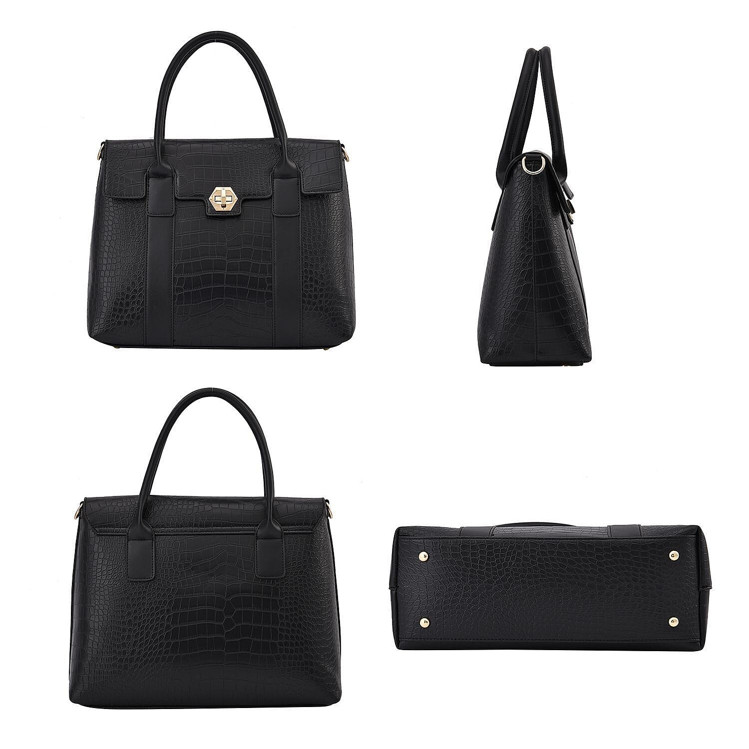 MEGA DAY CLOSEOUT- High Luxe Croc Embossed Fully Lined Bag with Twist Lock and Detachable Long Strap- Black