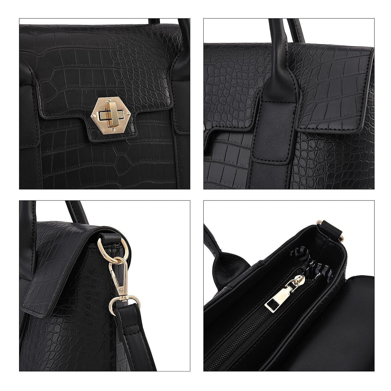 MEGA DAY CLOSEOUT- High Luxe Croc Embossed Fully Lined Bag with Twist Lock and Detachable Long Strap- Black