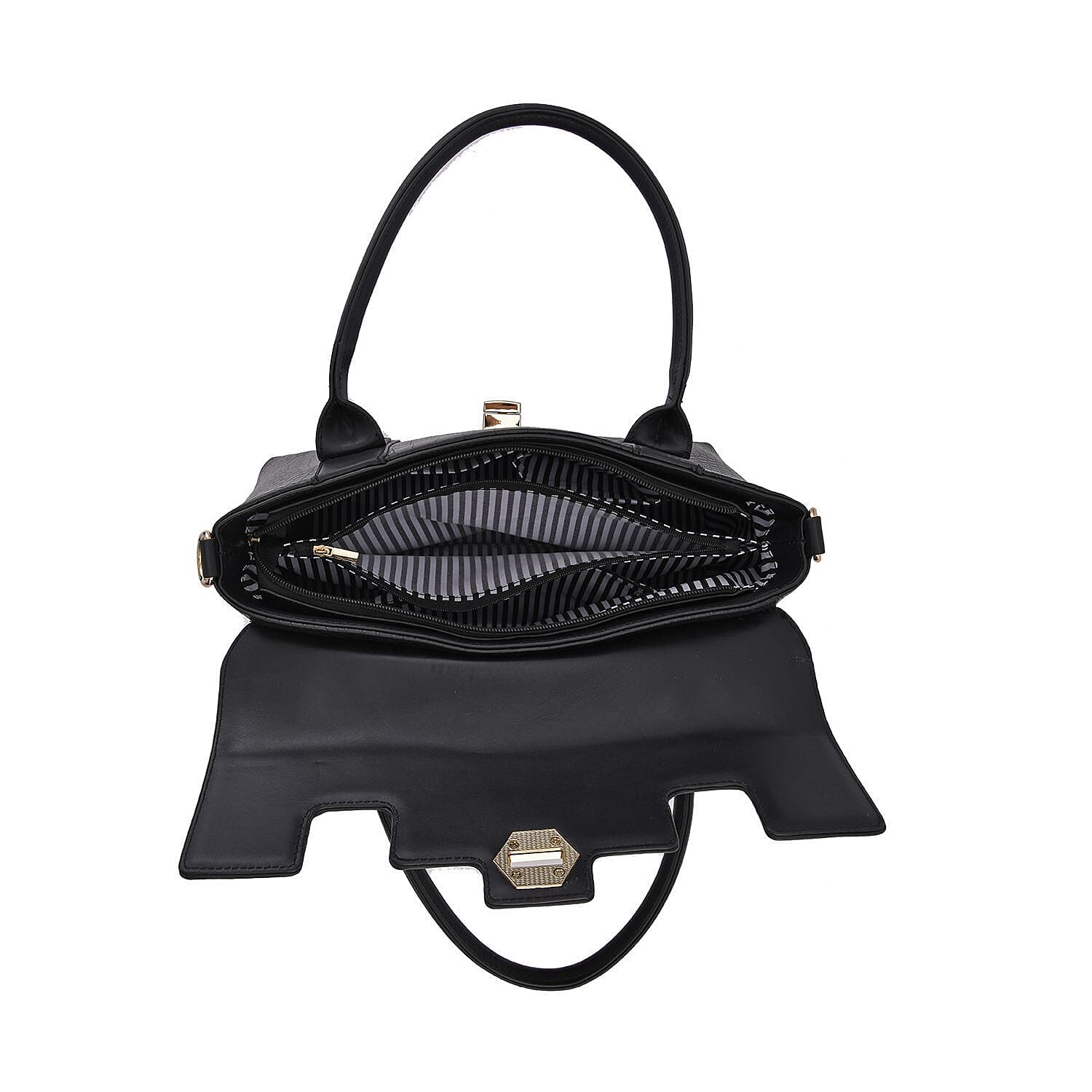 MEGA DAY CLOSEOUT- High Luxe Croc Embossed Fully Lined Bag with Twist Lock and Detachable Long Strap- Black
