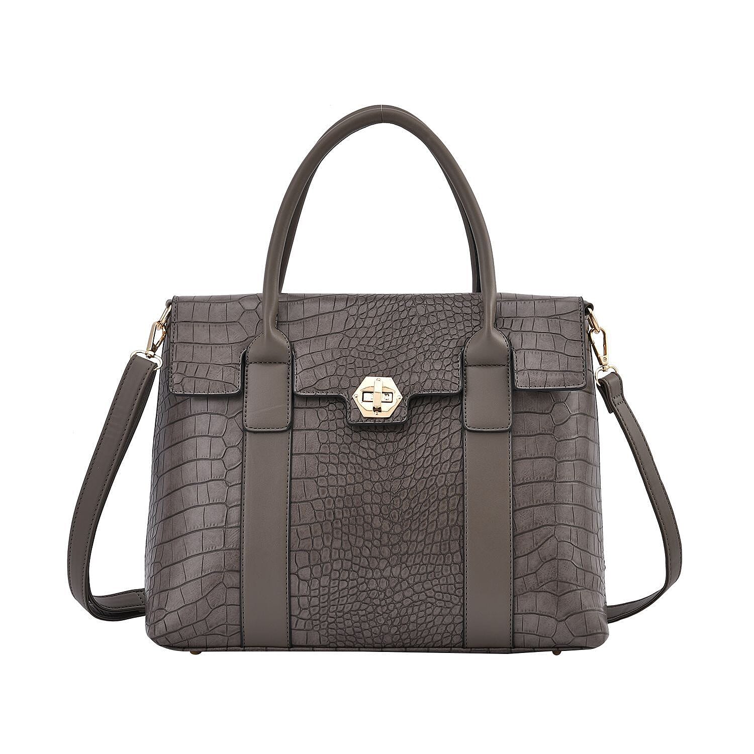 High Luxe Croc Embossed Fully Lined Bag with Twist Lock and Detachable Long Strap - Stone