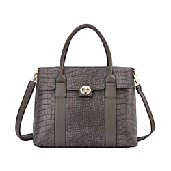 Croc Embossed Satchel Tote Bag with Shoulder Strap - Black