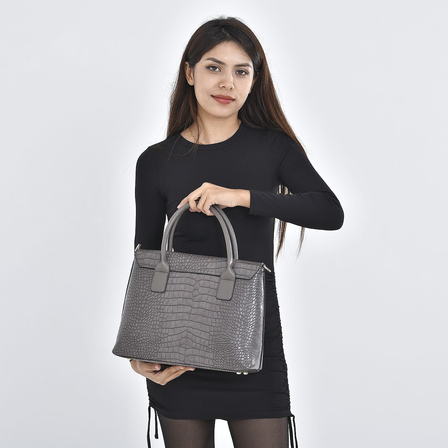 High Luxe Croc Embossed Fully Lined Bag with Twist Lock and Detachable Long Strap - Stone