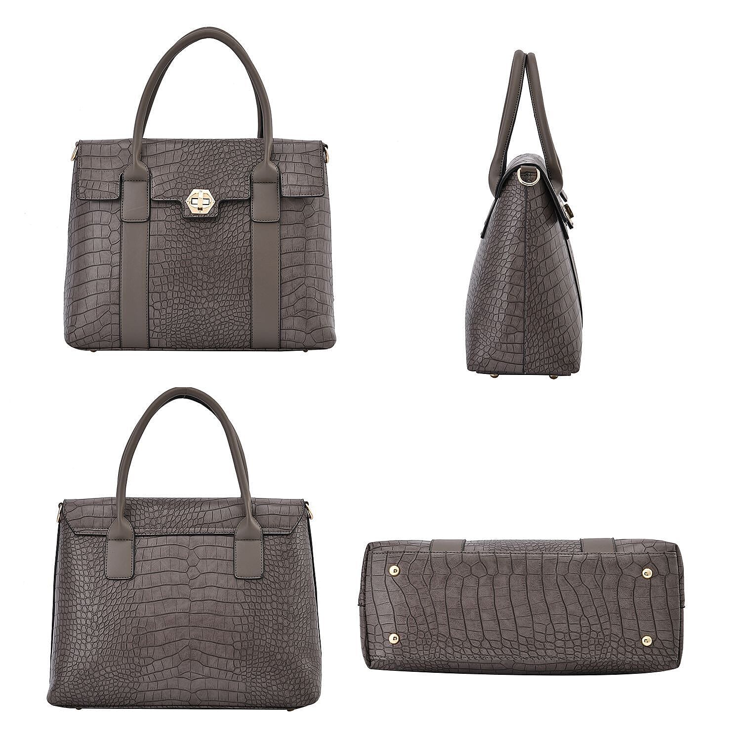 High Luxe Croc Embossed Fully Lined Bag with Twist Lock and Detachable Long Strap - Stone