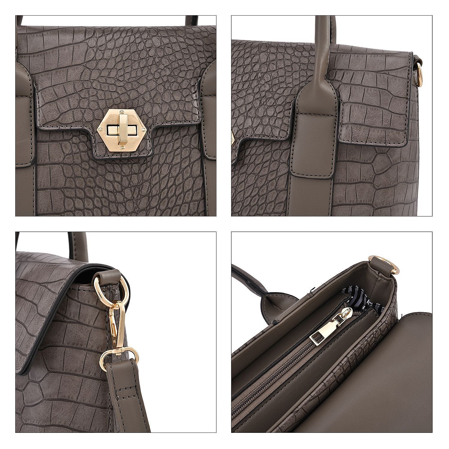 High Luxe Croc Embossed Fully Lined Bag with Twist Lock and Detachable Long Strap - Stone
