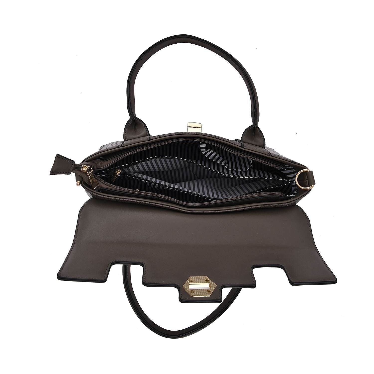 High Luxe Croc Embossed Fully Lined Bag with Twist Lock and Detachable Long Strap - Stone