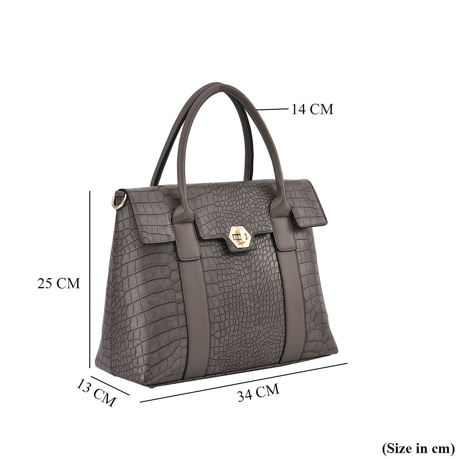 High Luxe Croc Embossed Fully Lined Bag with Twist Lock and Detachable Long Strap - Stone